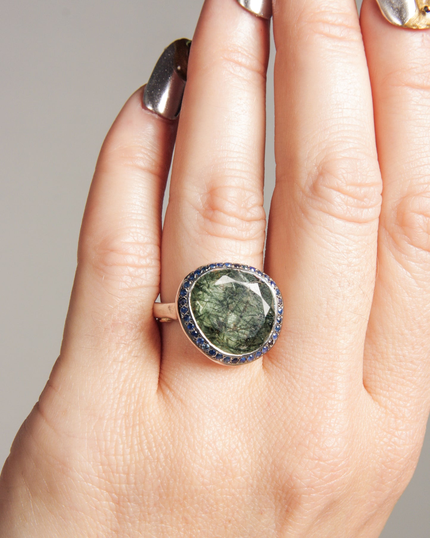 Julia Blue Sapphire and Rutilated Quartz Ring