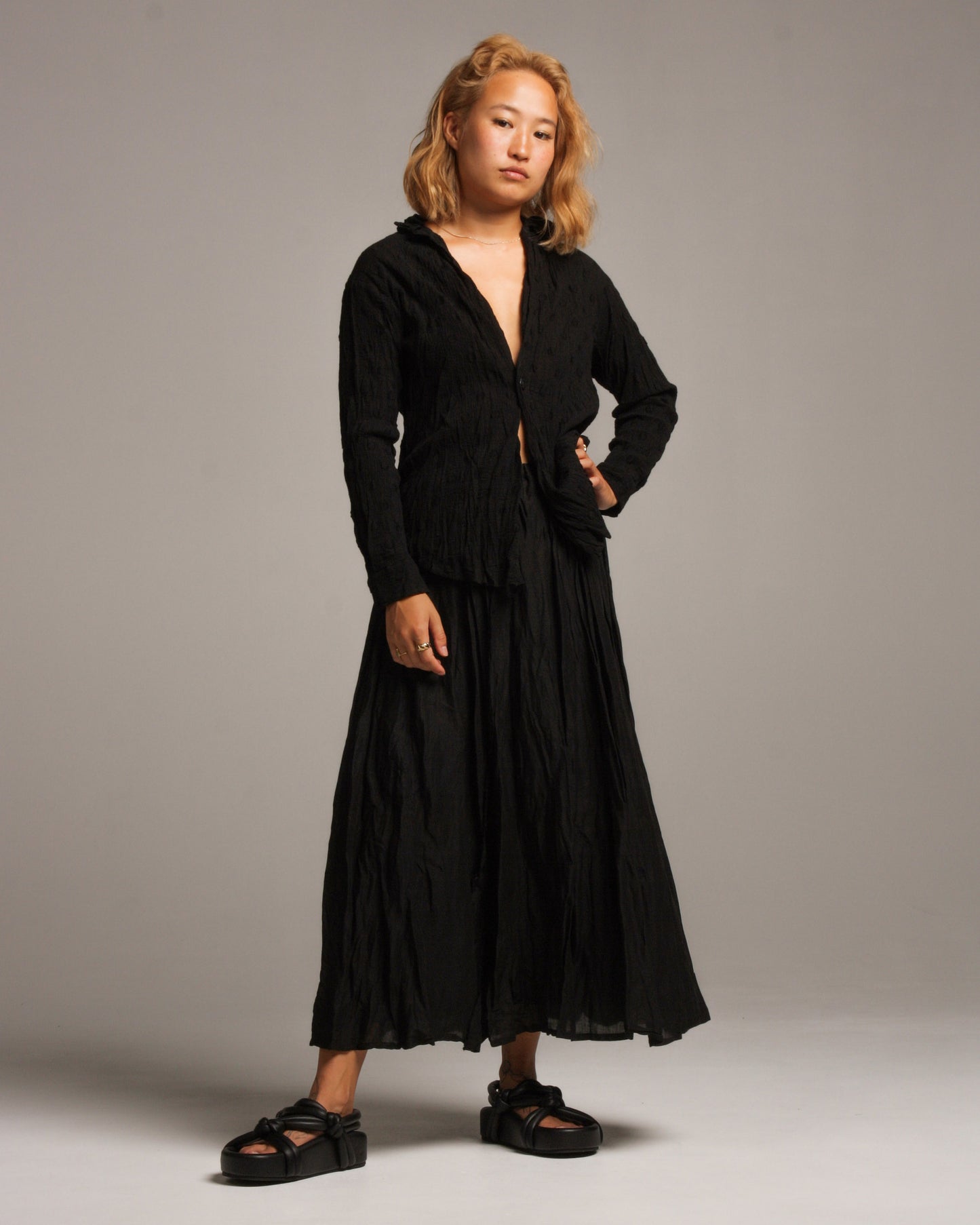 Black Crinkled Midi Skirt