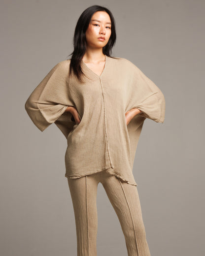 Beige Crepe V Neck Top