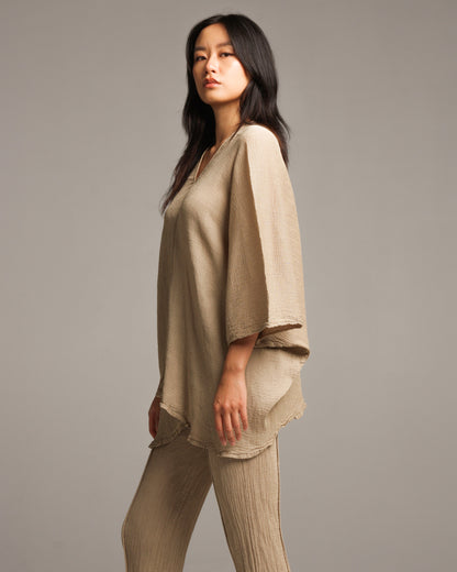 Beige Crepe V Neck Top