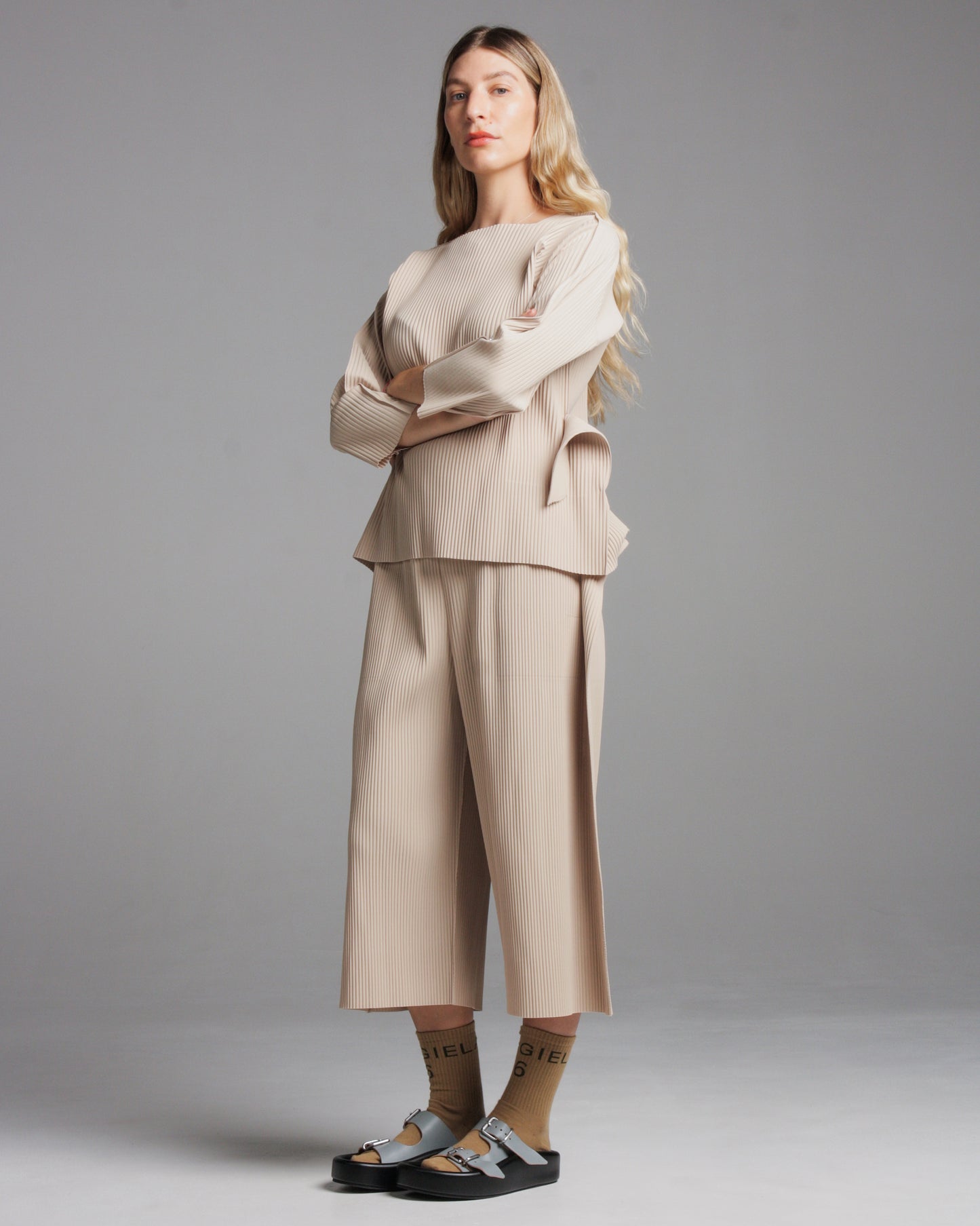 Light Beige Step Pleats Top