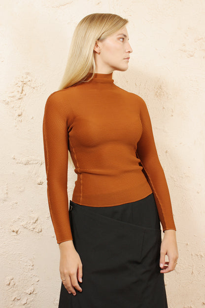 Long Sleeve Micropleat Top Brown