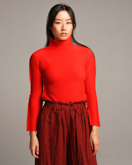 Red Stretch Pleats Long Sleeve Top