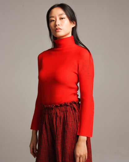 Red Stretch Pleats Long Sleeve Top
