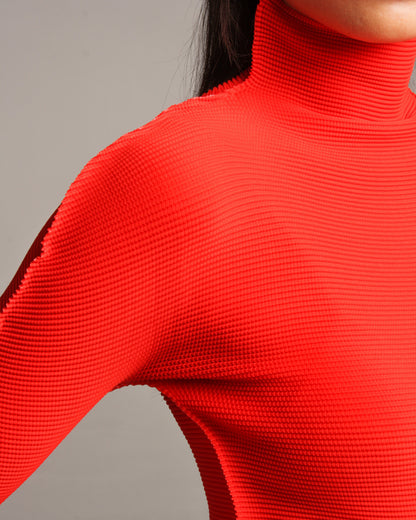 Red Stretch Pleats Long Sleeve Top