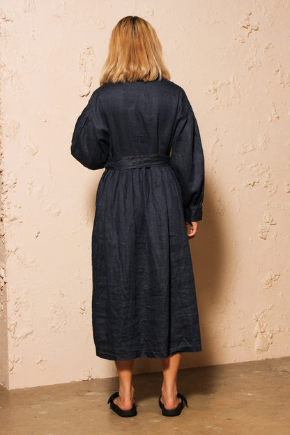 Linen Twill Indigo Bleach Dress