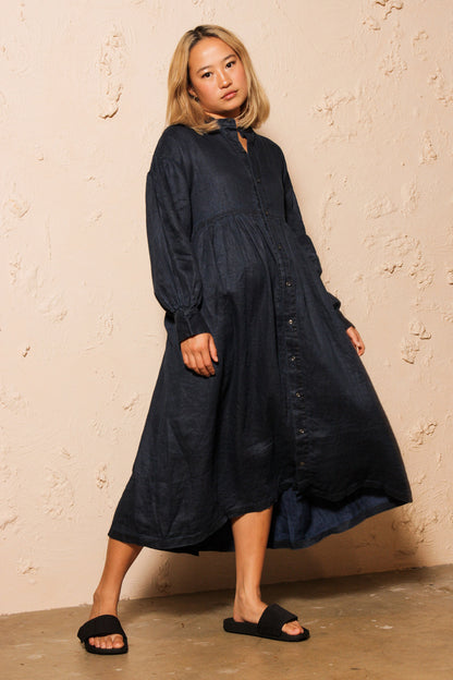 Linen Twill Indigo Bleach Dress