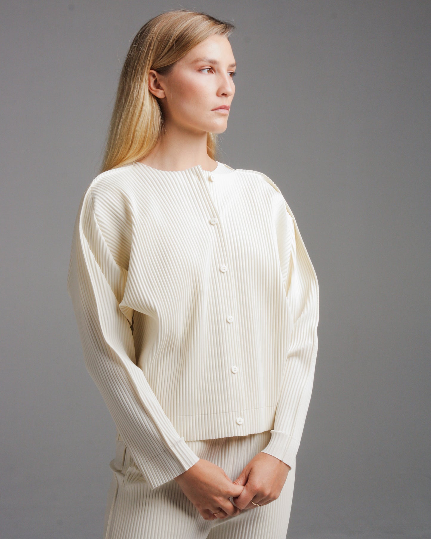 Off White Soft Pleated Cardigan