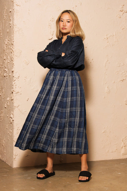 Indigo Linen Check Skirt