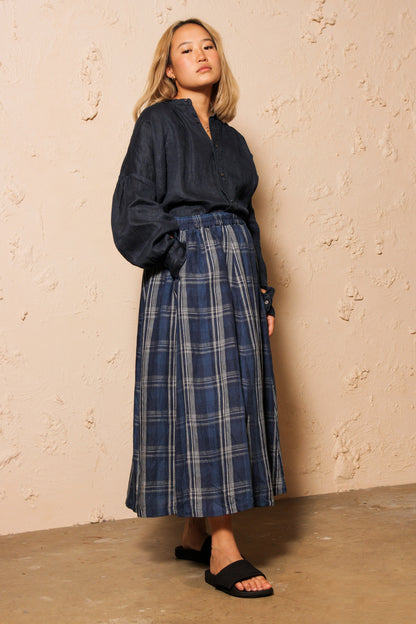 Indigo Linen Check Skirt