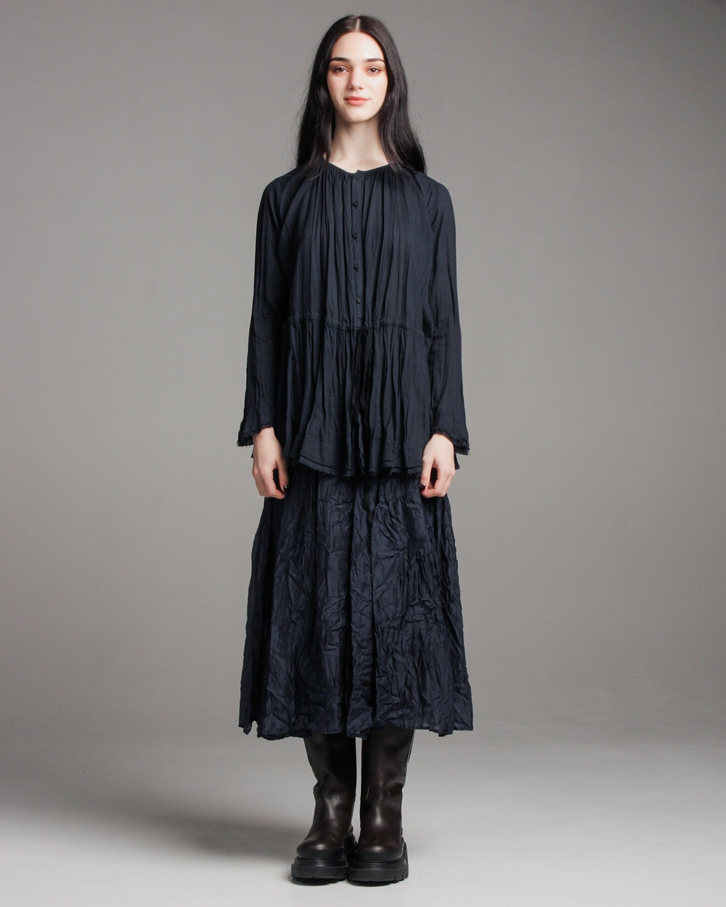 Navy Gathered Waist Blouse