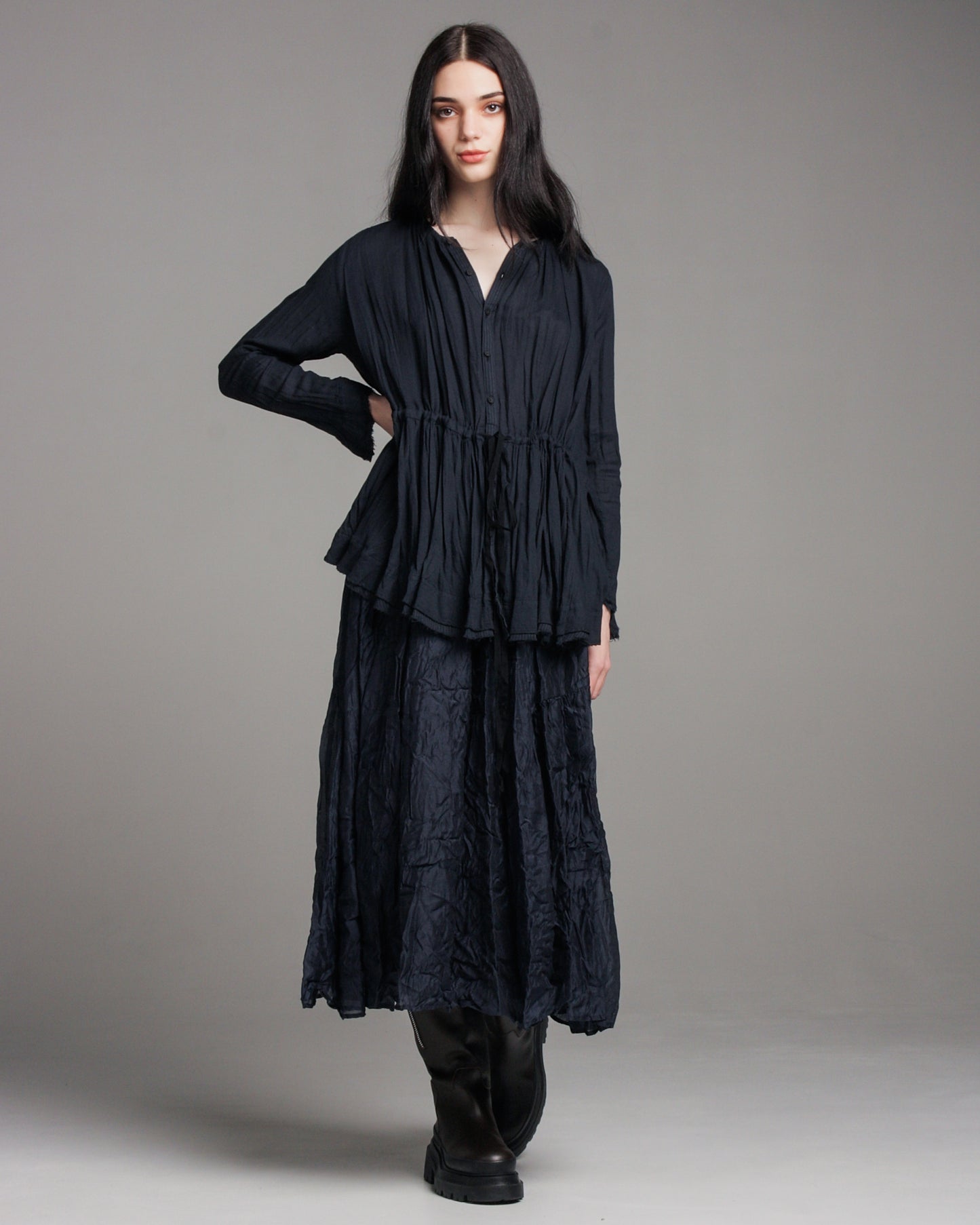 Navy Gathered Waist Blouse