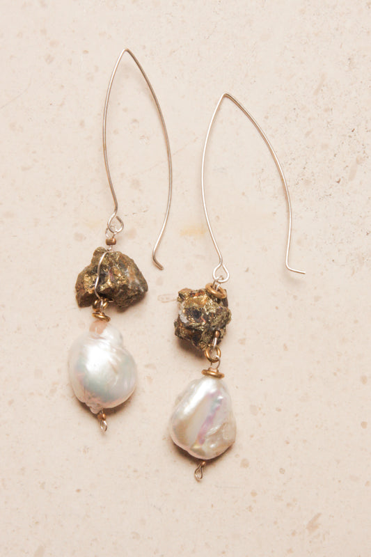 Pyrite and Pearl Drop Earring