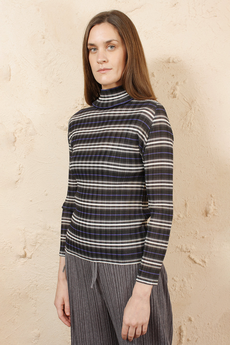 Striped Turtle Neck Top Grey