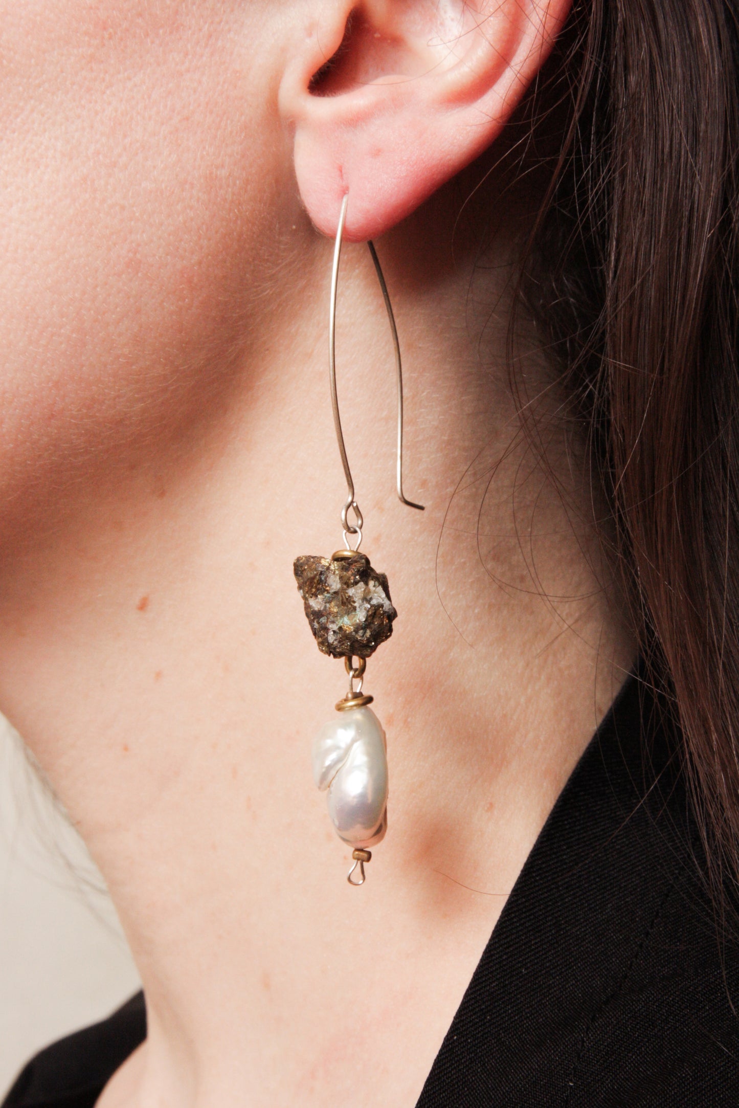 Pyrite and Pearl Drop Earring