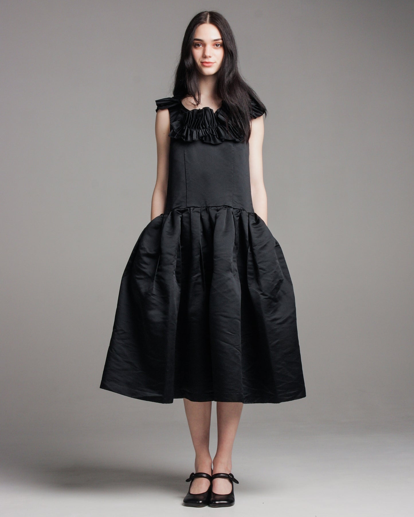 Black Gathered Ruffle Dress