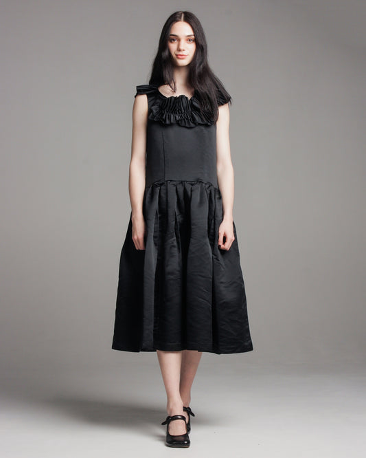 Black Gathered Ruffle Dress