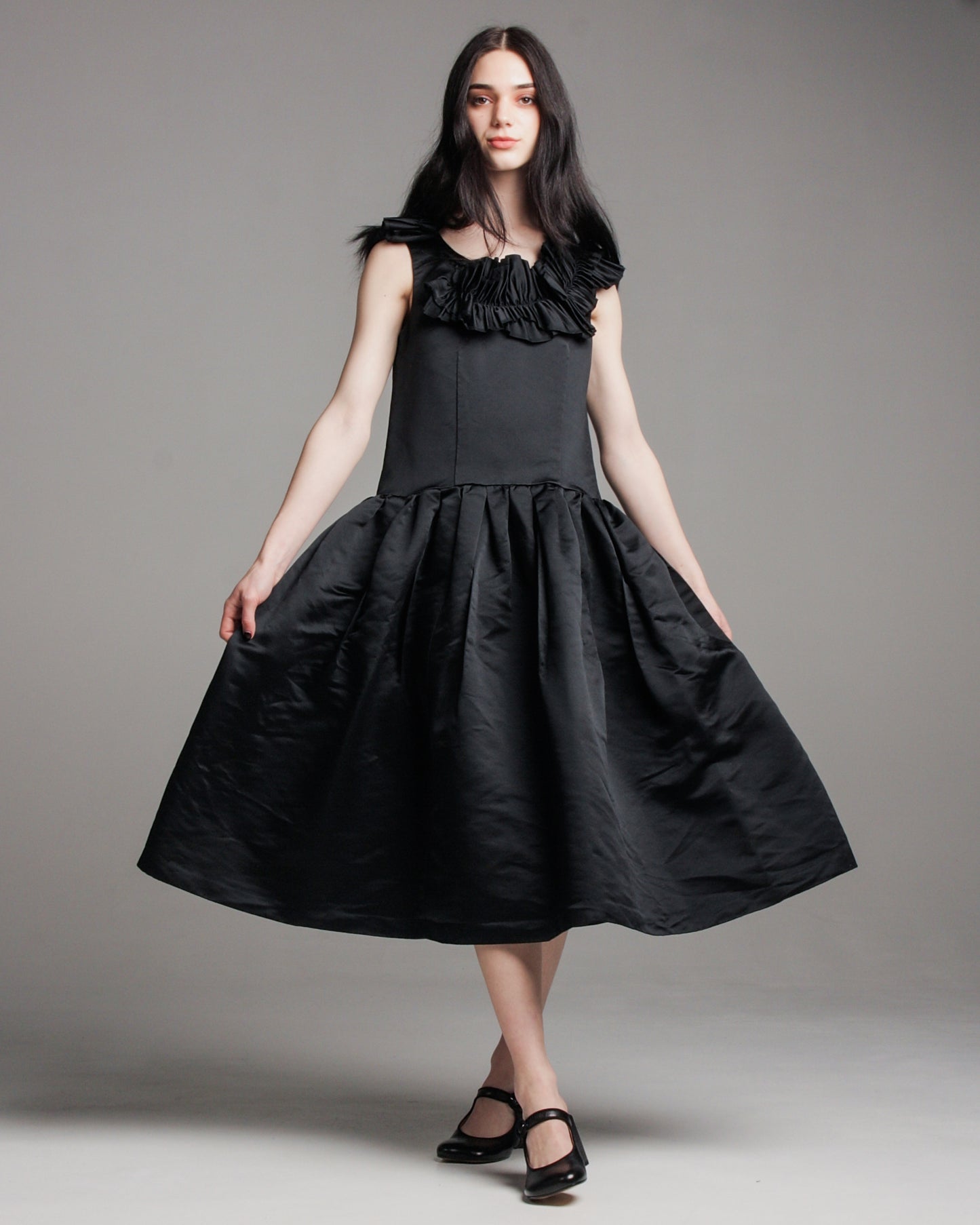 Black Gathered Ruffle Dress
