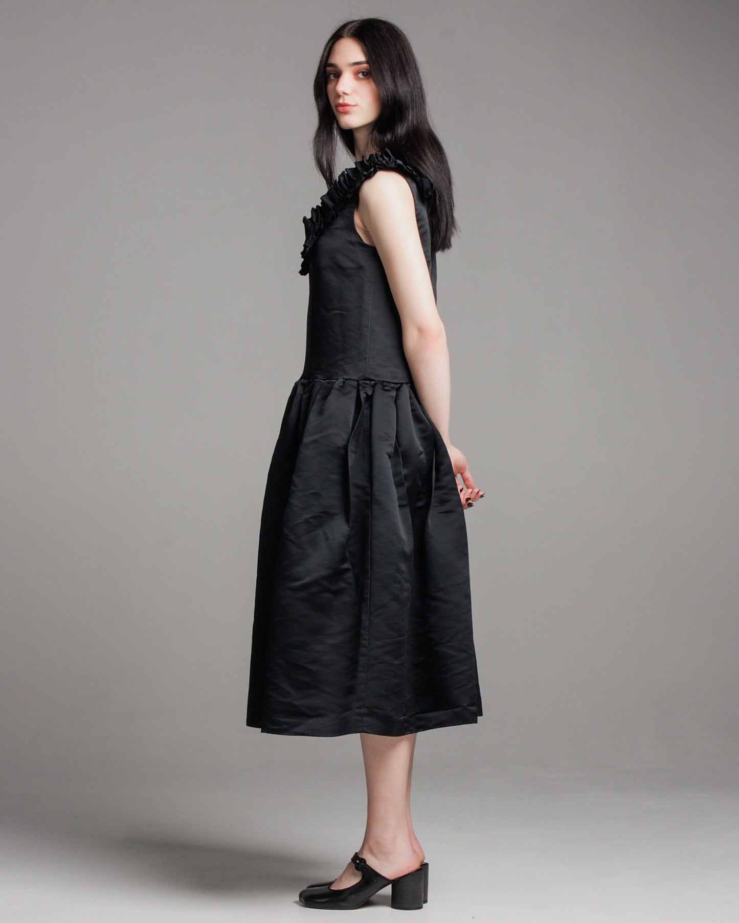 Black Gathered Ruffle Dress