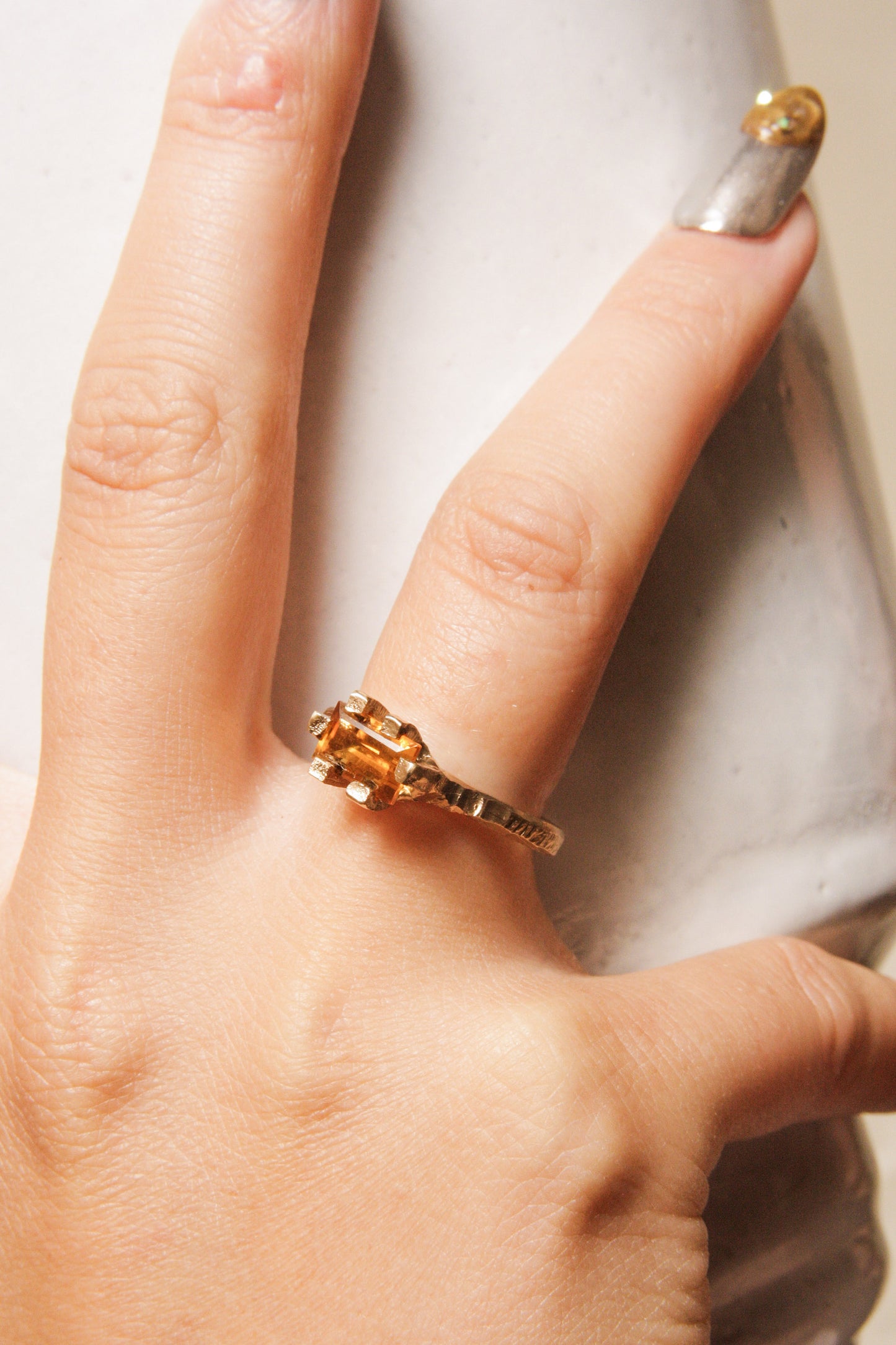 Gold Baguette Claw Ring with Citrine