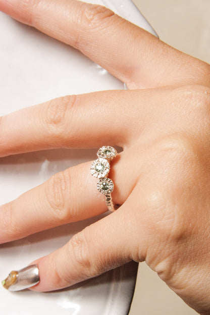 Silver Teeth Cluster Ring with Green Sapphire