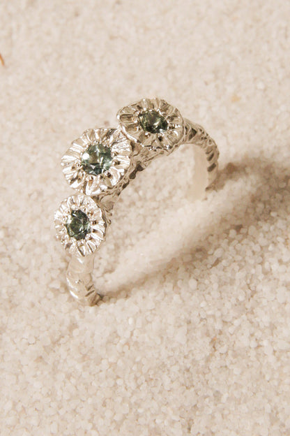 Silver Teeth Cluster Ring with Green Sapphire