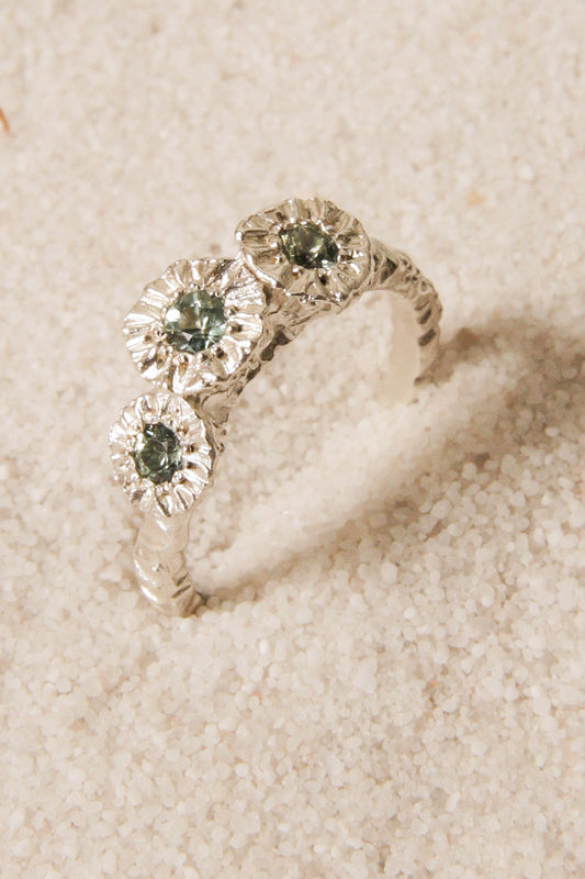 Silver Teeth Cluster Ring with Green Sapphire