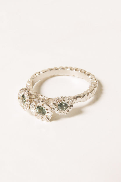 Silver Teeth Cluster Ring with Green Sapphire