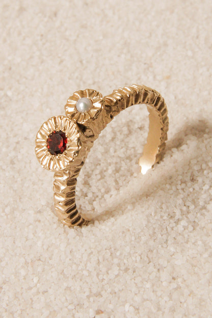 Gold Double Teeth Ring with Garnet and Pearl