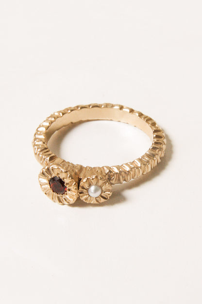 Gold Double Teeth Ring with Garnet and Pearl