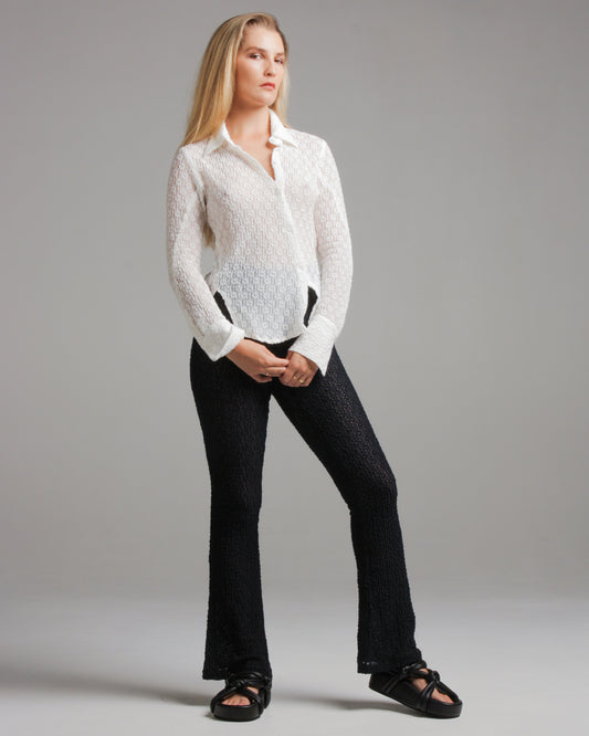 Long Sleeve White Floral Twisted Shirt