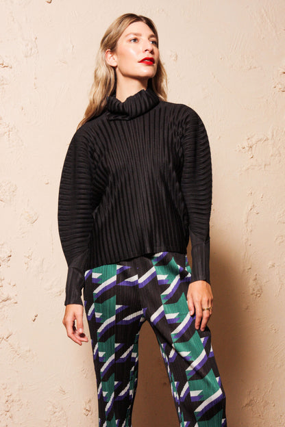 Rib Pleats Funnel Neck Top
