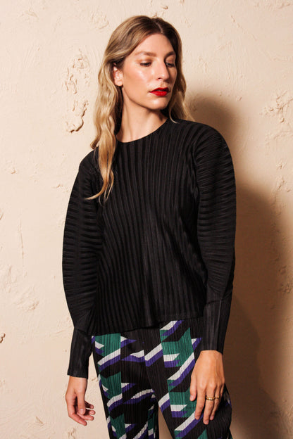 Rib Pleats Funnel Neck Top
