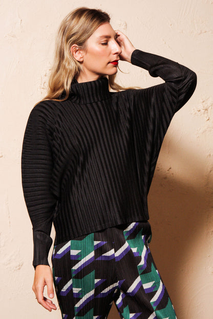 Rib Pleats Funnel Neck Top