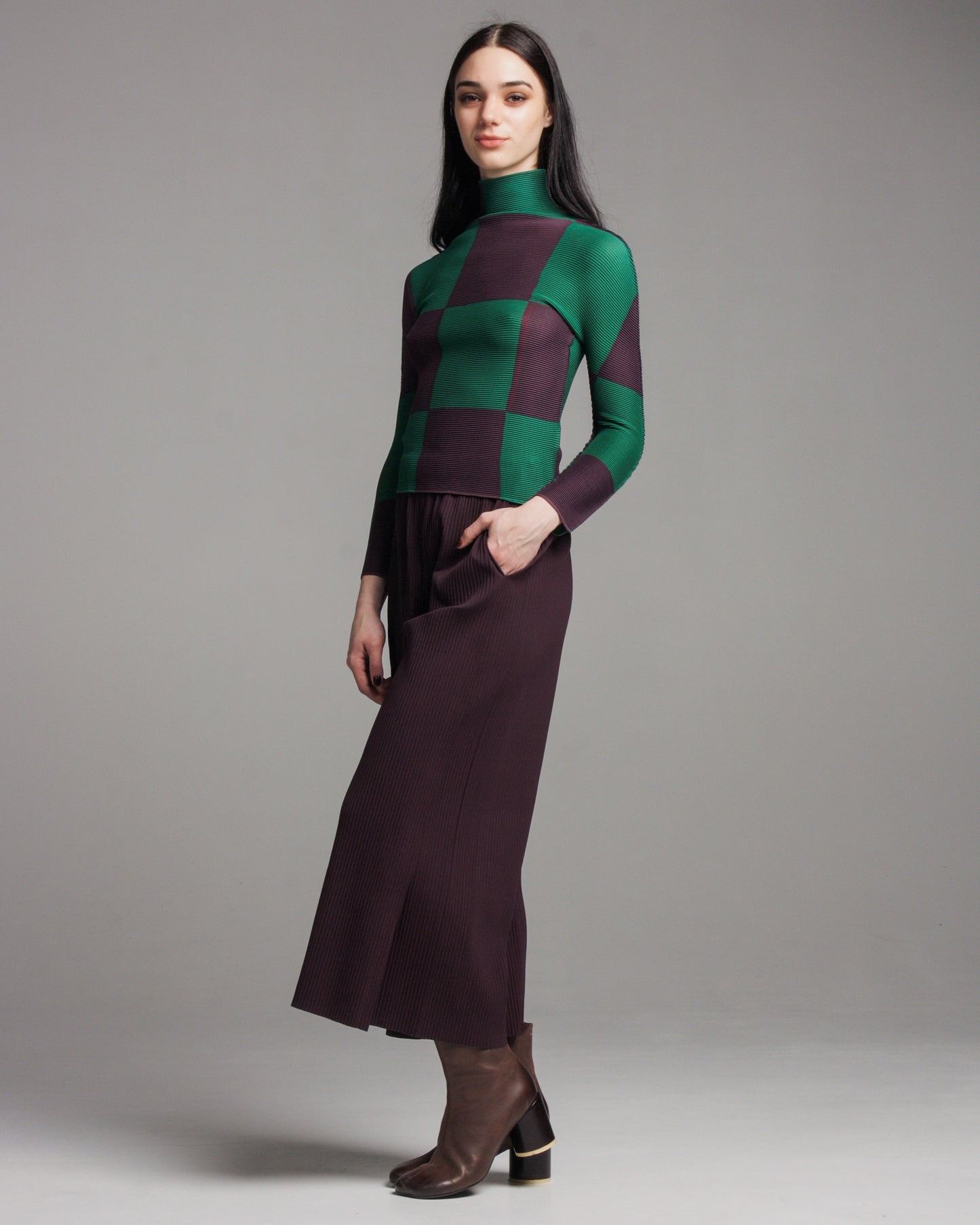 Green & Mauve Check Micropleat Top