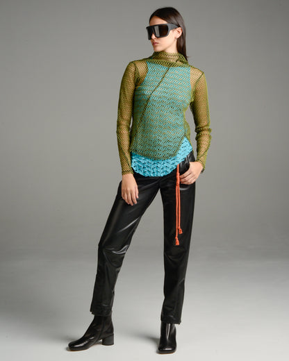 Black and Green Mesh Twisted Long Sleeve Top