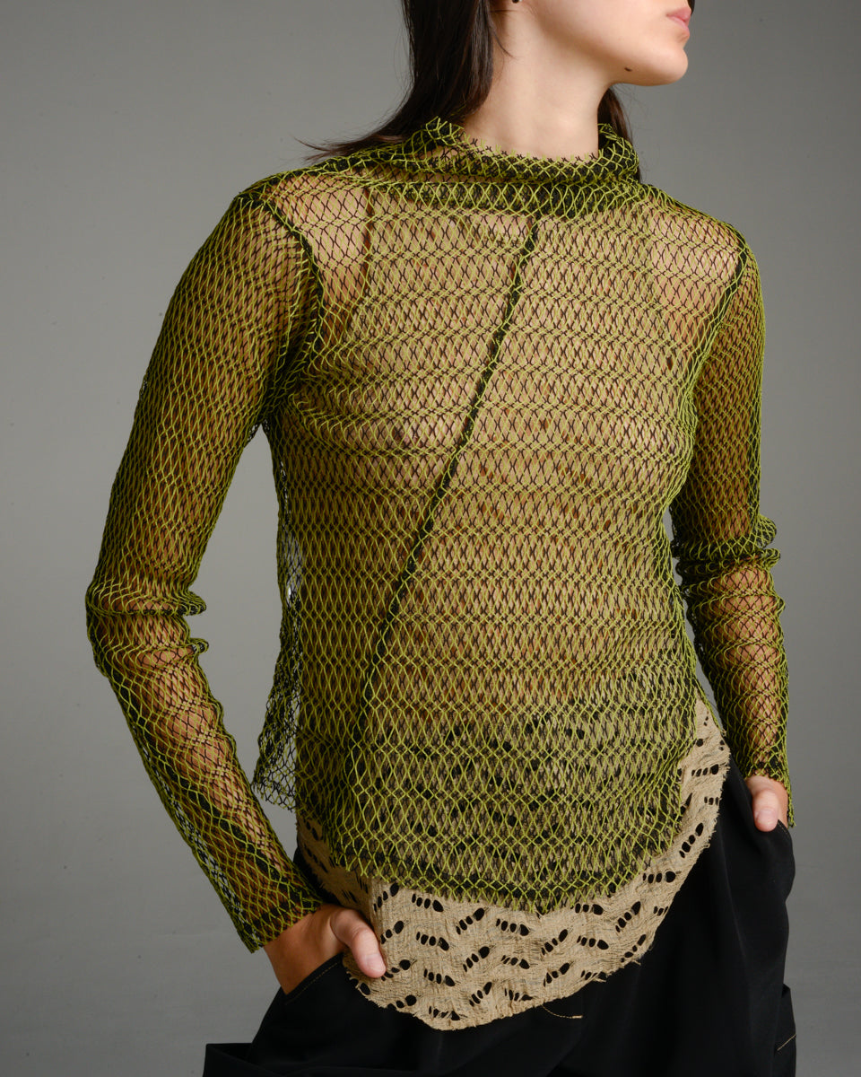 Black and Green Mesh Twisted Long Sleeve Top