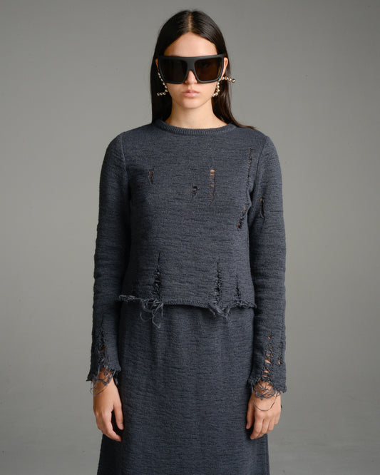 Charcoal Distressed Knit Top