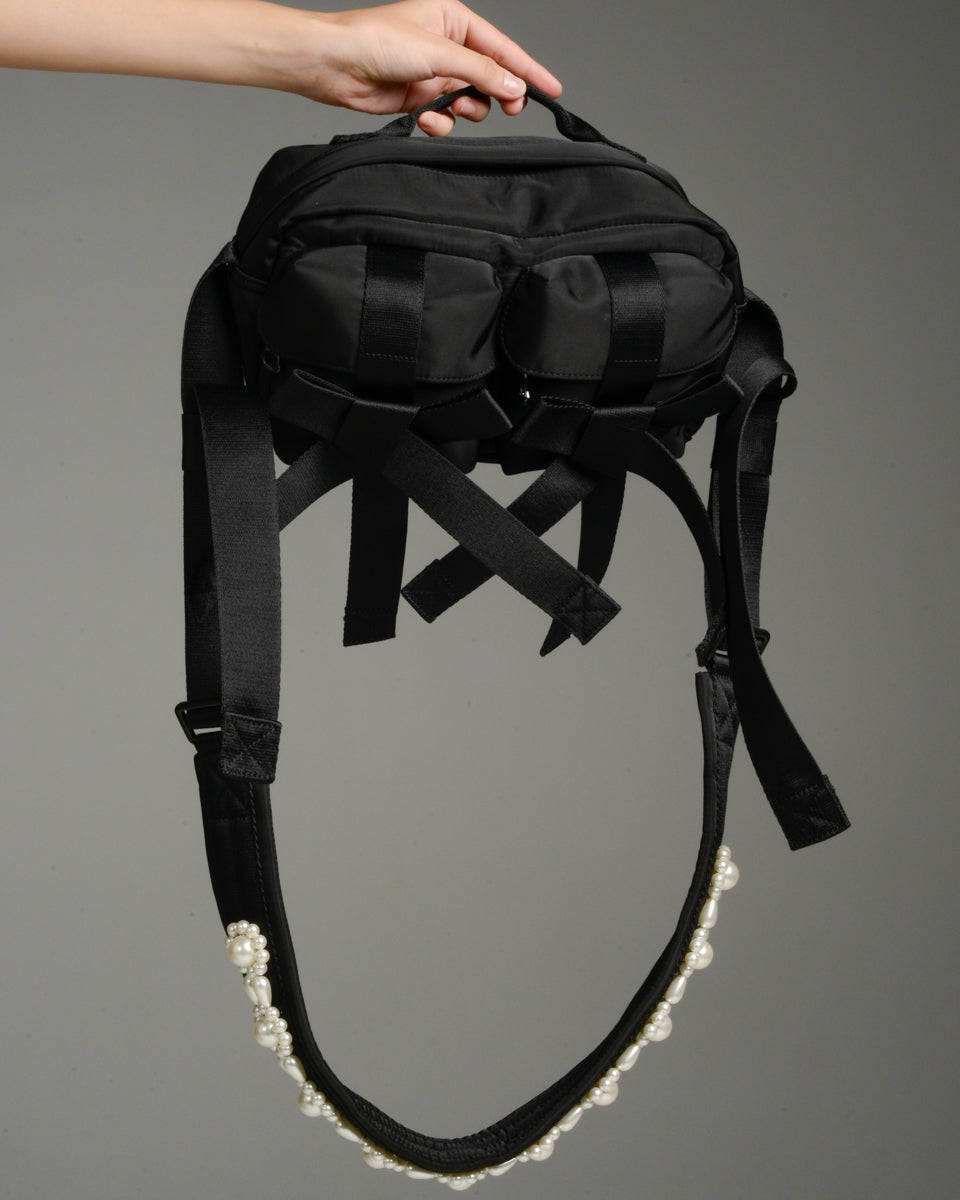 Black Bow Crossbody Bag with Pearls